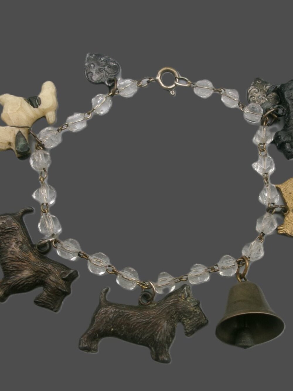 Vintage Scottie Terrier Charm Bracelet, Celluloid, Brass, Metal on Beaded Chain